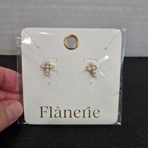 NEW Flanerie 18K Gold Plated Pearl Cross Stud Earrings Christian Jewelry